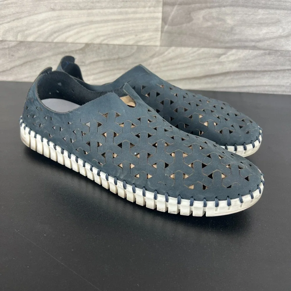 Eric Michael Inez Shoes Men's 10 Navy Blue Leather Casual‎ Slip-On Flats Preppy
